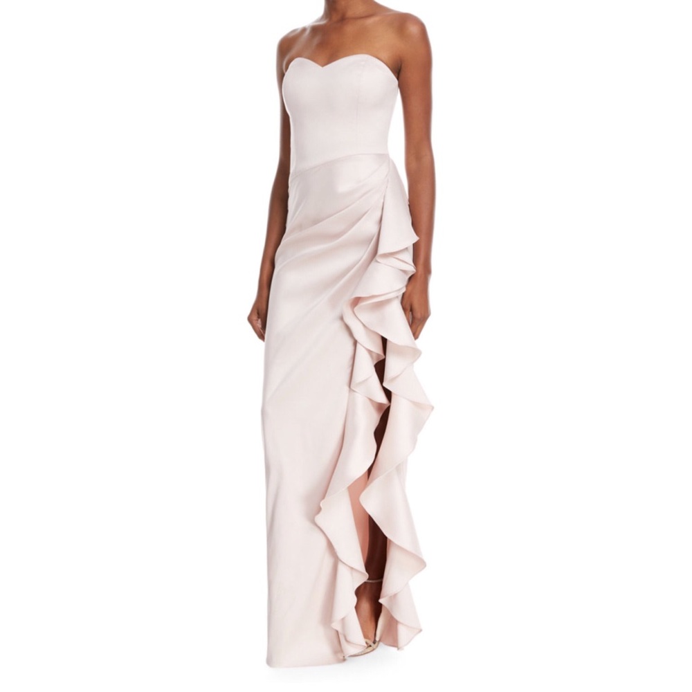 Badgley Mischka strapless asymmetric ruffle Gown